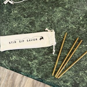 Stir Sip Savor Gold Metal Straws with Pouch